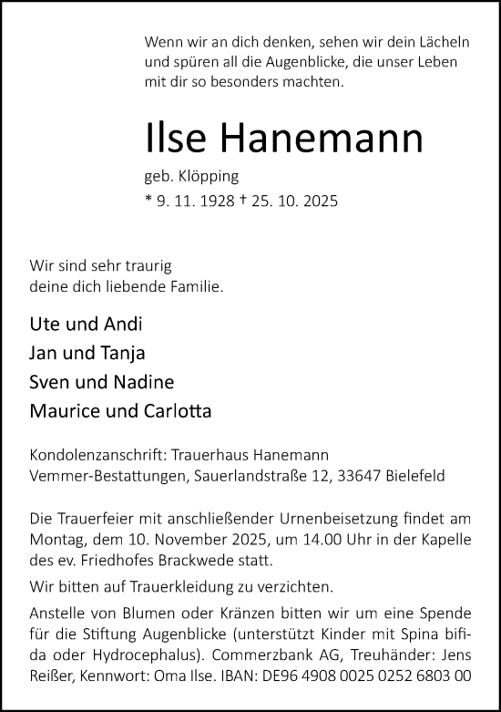 Traueranzeige von Ilse Hanemann von Neue Westfälische und Westfalen-Blatt