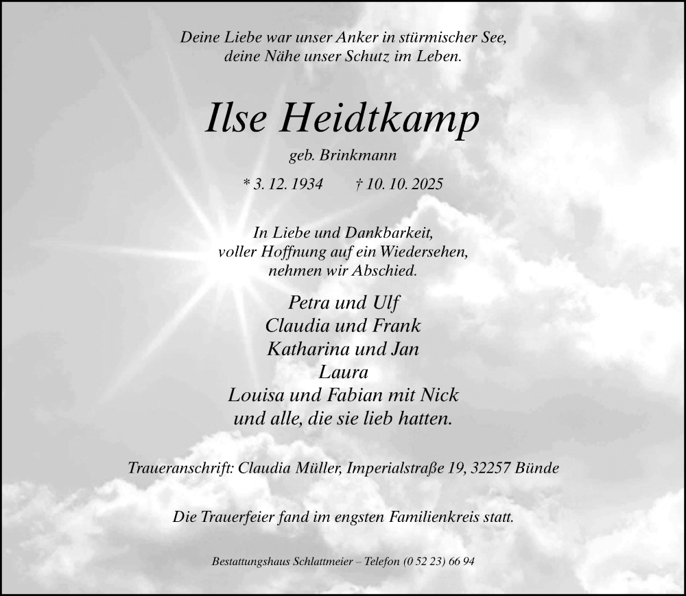  Traueranzeige für Ilse Heidtkamp vom 25.10.2025 aus Neue Westfälische und Westfalen-Blatt
