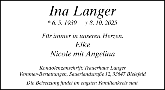 Traueranzeige von Ina Langer von Neue Westfälische und Westfalen-Blatt
