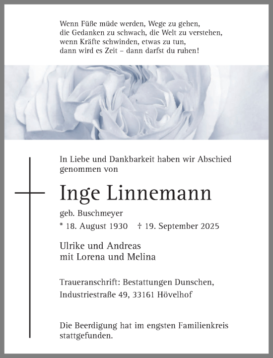 Traueranzeige von Inge Linnemann von Neue Westfälische und Westfalen-Blatt