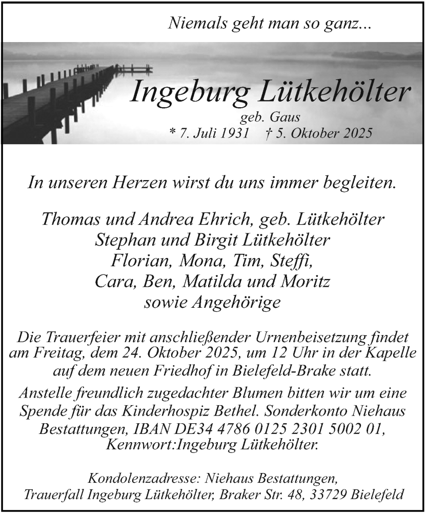  Traueranzeige für Ingeburg Lütkehölter vom 11.10.2025 aus Neue Westfälische und Westfalen-Blatt