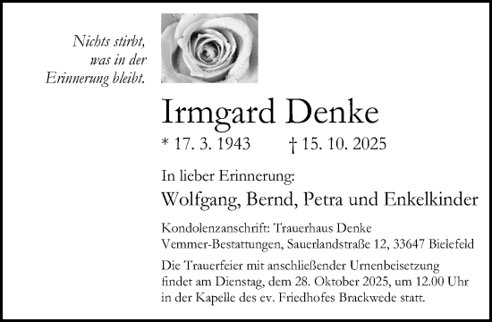Traueranzeige von Irmgard Denke von Neue Westfälische und Westfalen-Blatt