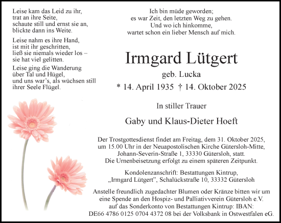 Traueranzeige von Irmgard Lütgert von Neue Westfälische und Westfalen-Blatt