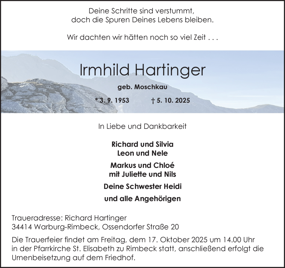  Traueranzeige für Irmhild Hartinger vom 11.10.2025 aus Neue Westfälische und Westfalen-Blatt