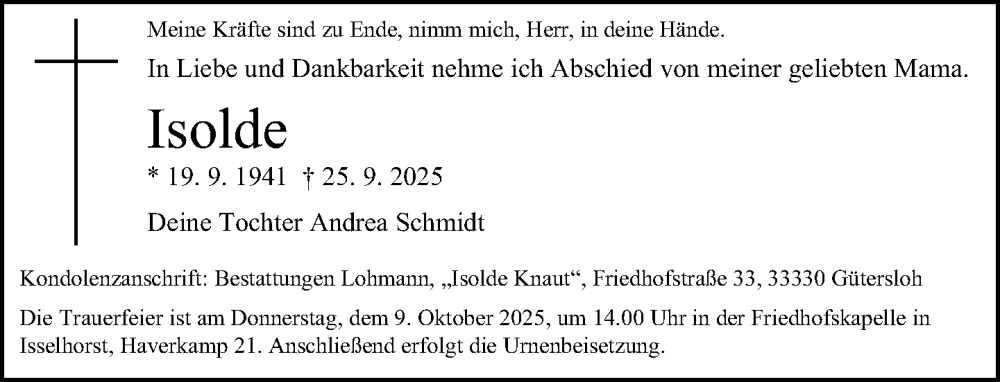  Traueranzeige für Isolde Knaut vom 07.10.2025 aus Neue Westfälische und Westfalen-Blatt