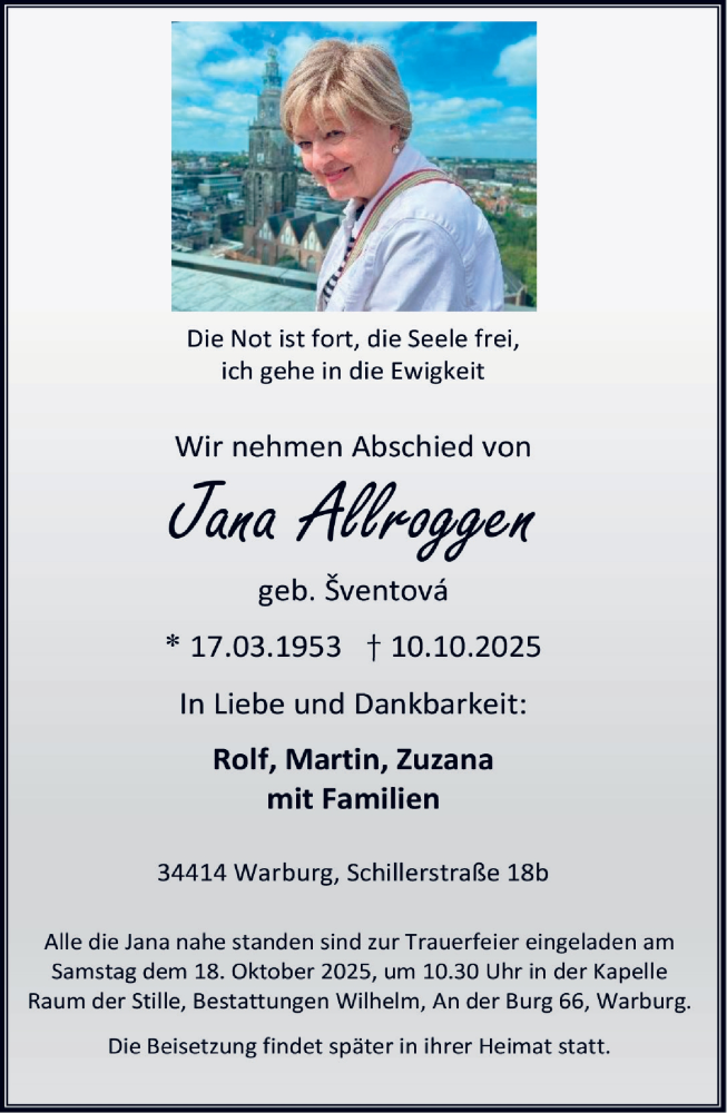  Traueranzeige für Jana Allroggen vom 15.10.2025 aus Neue Westfälische und Westfalen-Blatt