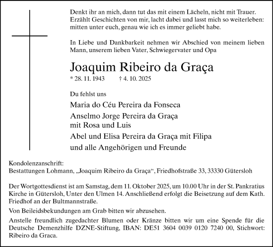 Traueranzeige von Joaquim Ribeiro da Graca von Neue Westfälische und Westfalen-Blatt