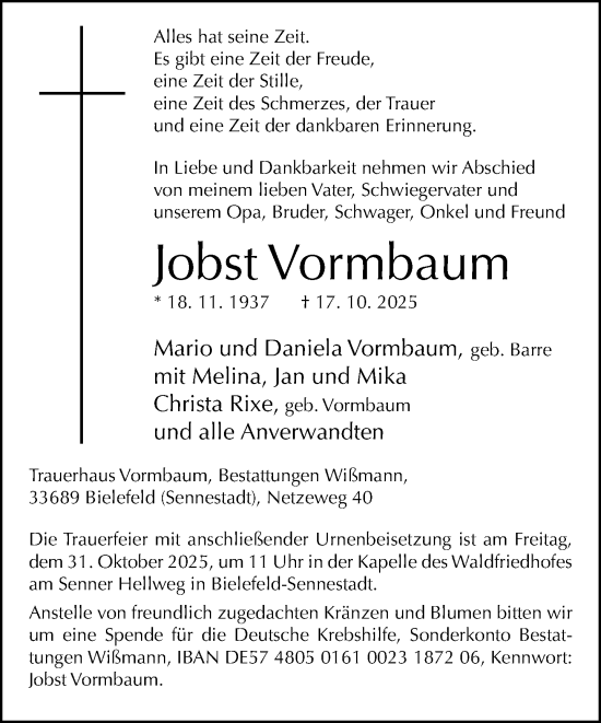 Traueranzeige von Jobst Vormbaum von Neue Westfälische und Westfalen-Blatt