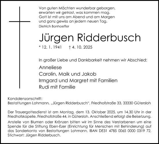 Traueranzeige von Jürgen Ridderbusch von Neue Westfälische und Westfalen-Blatt