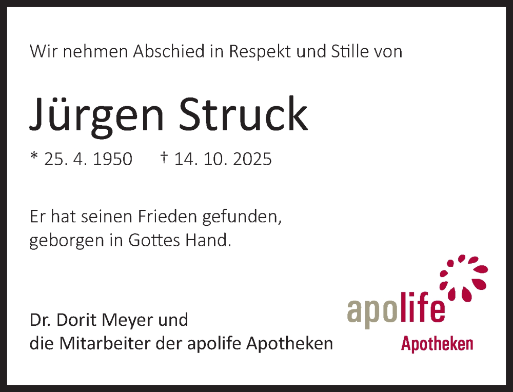  Traueranzeige für Jürgen Struck vom 18.10.2025 aus Neue Westfälische und Westfalen-Blatt
