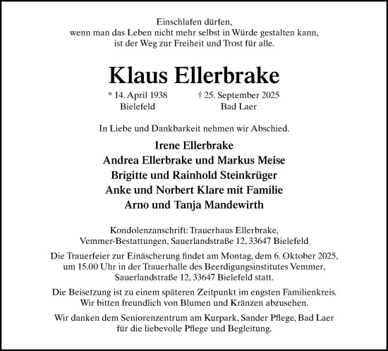 Traueranzeige von Klaus Ellerbrake von Neue Westfälische und Westfalen-Blatt