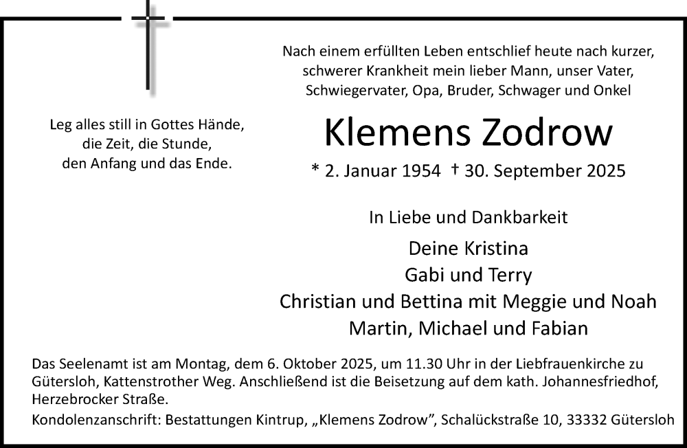  Traueranzeige für Klemens Zodrow vom 04.10.2025 aus Neue Westfälische und Westfalen-Blatt