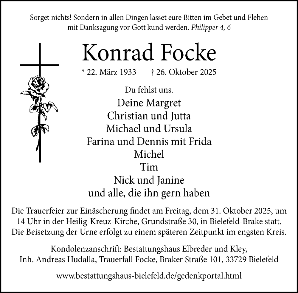 Traueranzeige für Konrad Focke vom 29.10.2025 aus Neue Westfälische und Westfalen-Blatt