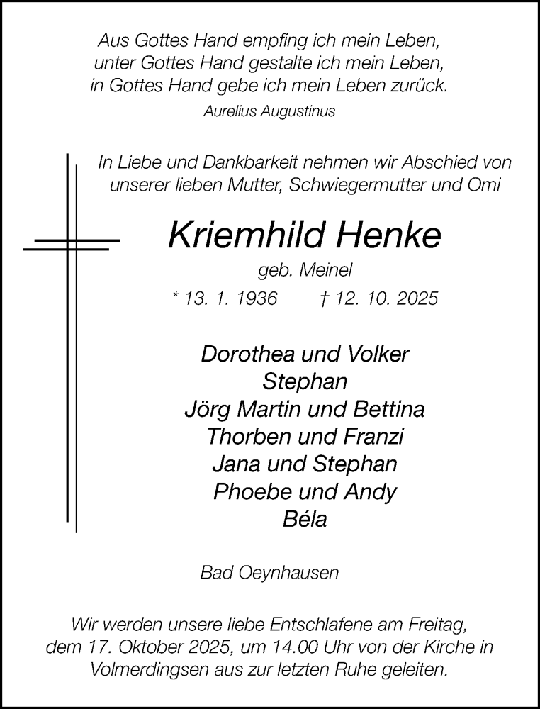  Traueranzeige für Kriemhild Henke vom 15.10.2025 aus Neue Westfälische und Westfalen-Blatt