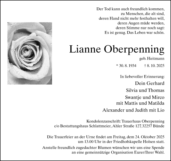 Traueranzeige von Lianne Oberpenning von Neue Westfälische und Westfalen-Blatt
