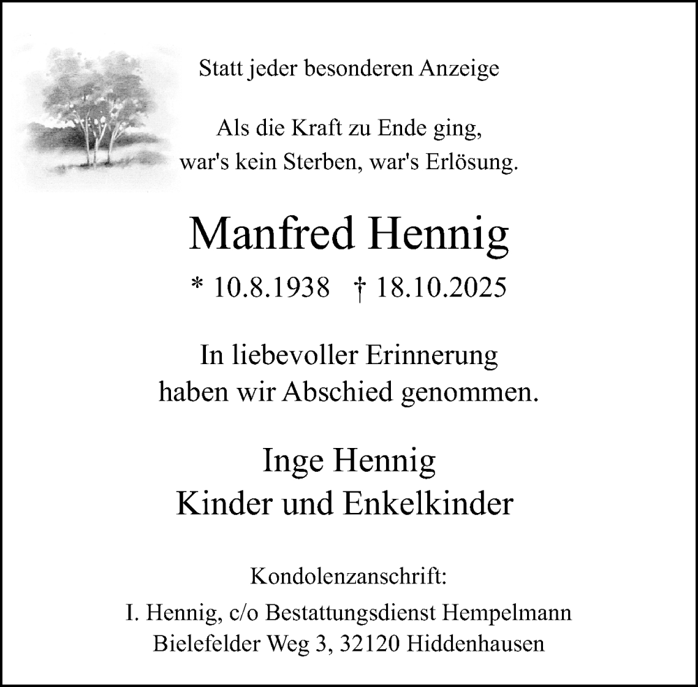  Traueranzeige für Manfred Hennig vom 31.10.2025 aus Neue Westfälische und Westfalen-Blatt