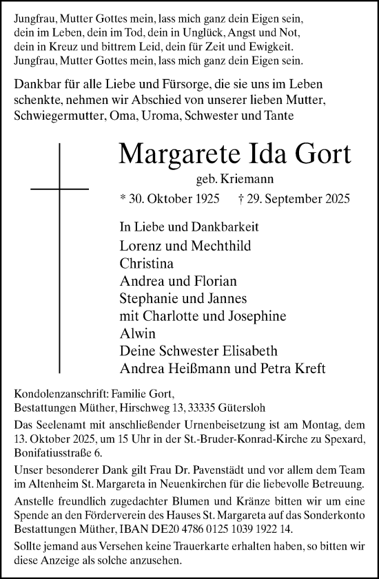 Traueranzeige von Margarete Ida Gort von Neue Westfälische und Westfalen-Blatt