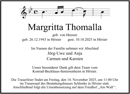 Traueranzeige von Margritta Thomalla von Neue Westfälische und Westfalen-Blatt