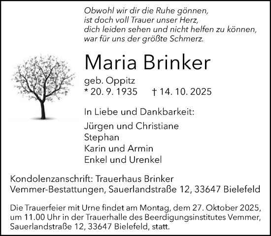 Traueranzeige von Maria Brinker von Neue Westfälische und Westfalen-Blatt