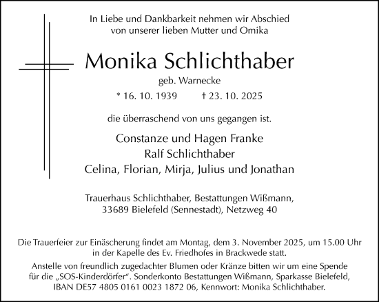 Traueranzeige von Monika Schlichthaber von Neue Westfälische und Westfalen-Blatt