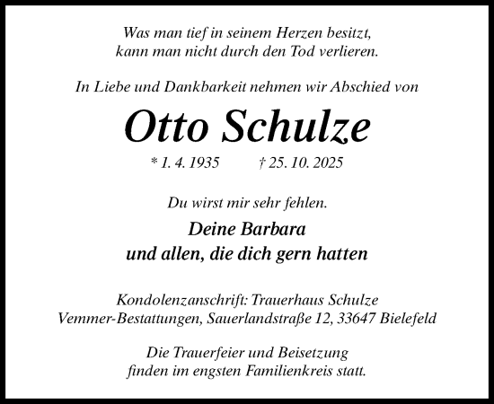 Traueranzeige von Otto Schulze von Neue Westfälische und Westfalen-Blatt