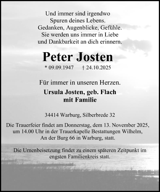 Traueranzeige von Peter Josten von Neue Westfälische und Westfalen-Blatt