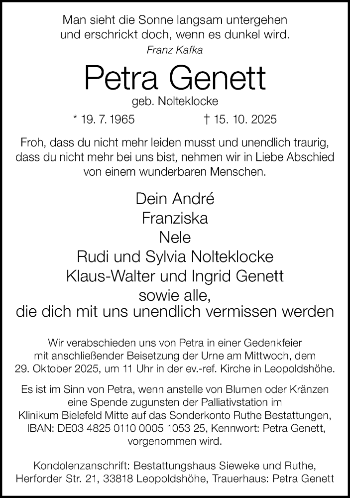  Traueranzeige für Petra Genett vom 25.10.2025 aus Neue Westfälische und Westfalen-Blatt