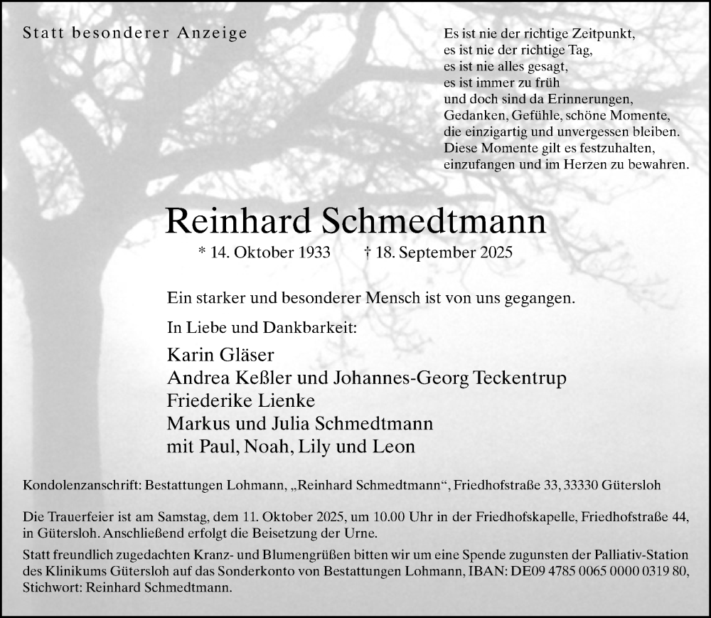 Traueranzeige für Reinhard Schmedtmann vom 04.10.2025 aus Neue Westfälische und Westfalen-Blatt