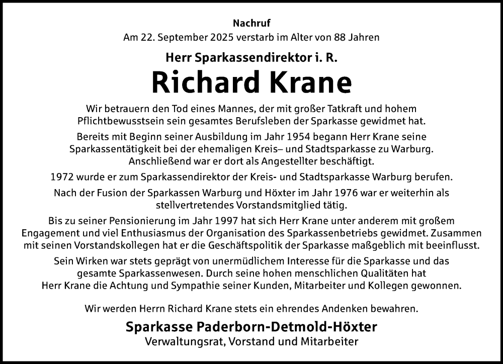  Traueranzeige für Richard Krane vom 11.10.2025 aus Neue Westfälische und Westfalen-Blatt