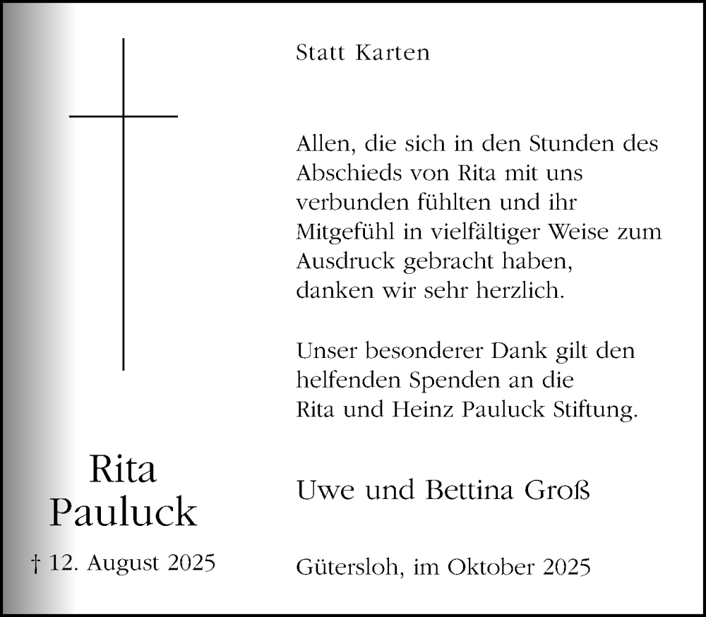  Traueranzeige für Rita Pauluck vom 18.10.2025 aus Neue Westfälische und Westfalen-Blatt