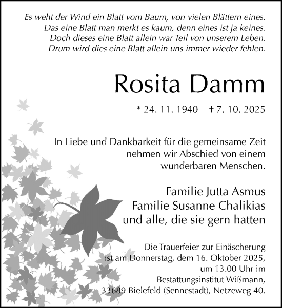 Traueranzeige von Rosita Damm von Neue Westfälische und Westfalen-Blatt