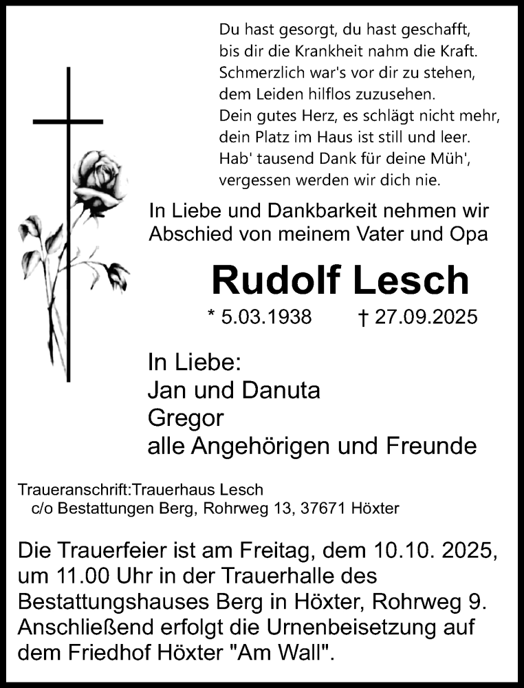  Traueranzeige für Rudolf Lesch vom 04.10.2025 aus Neue Westfälische und Westfalen-Blatt