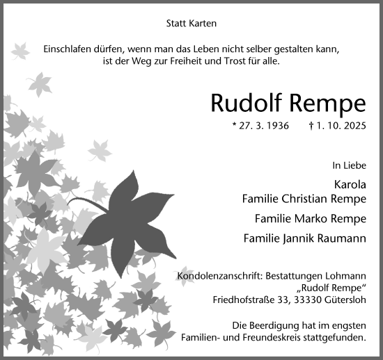 Traueranzeige von Rudolf Rempe von Neue Westfälische und Westfalen-Blatt