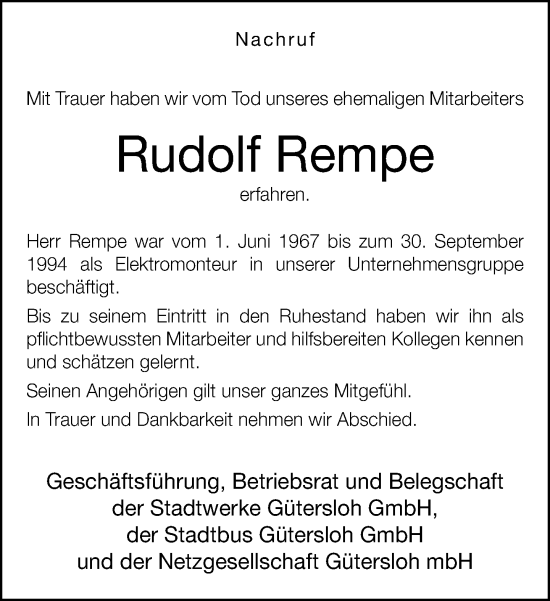 Traueranzeige von Rudolf Rempe von Neue Westfälische und Westfalen-Blatt