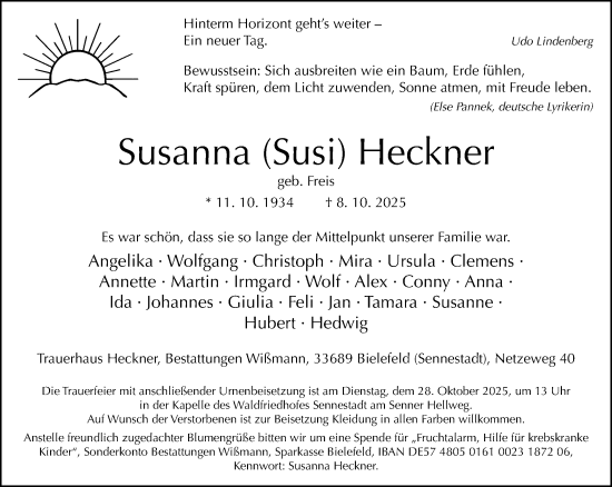 Traueranzeige von Susanna Heckner von Neue Westfälische und Westfalen-Blatt