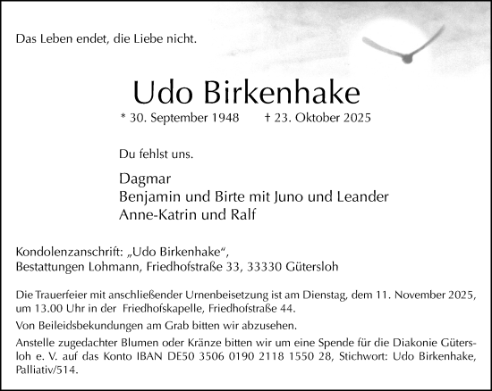 Traueranzeige von Udo Birkenhake von Neue Westfälische und Westfalen-Blatt