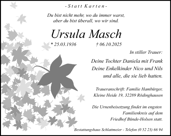 Traueranzeige von Ursula Masch von Neue Westfälische und Westfalen-Blatt