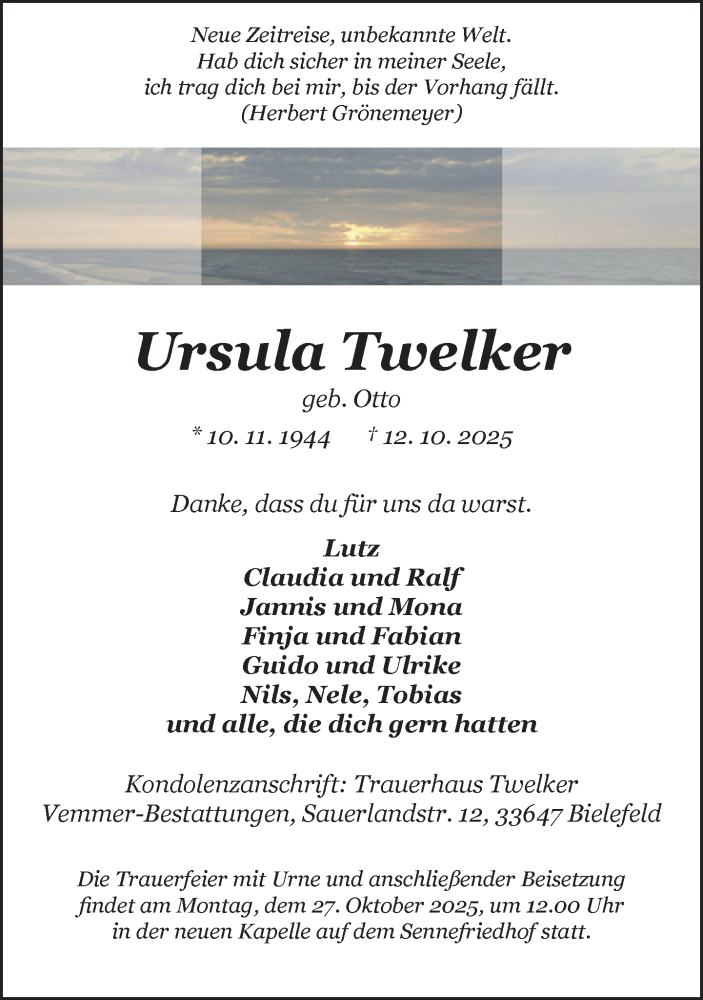  Traueranzeige für Ursula Twelker vom 18.10.2025 aus Neue Westfälische und Westfalen-Blatt