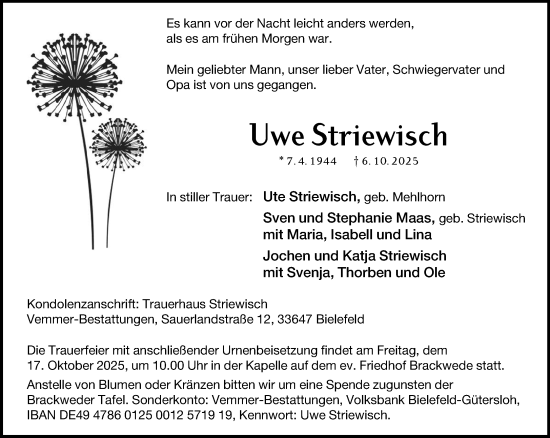 Traueranzeige von Uwe Striewisch von Neue Westfälische und Westfalen-Blatt