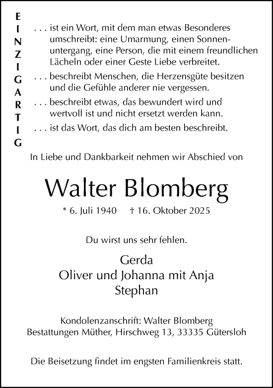 Traueranzeige von Walter Blomberg von Neue Westfälische und Westfalen-Blatt