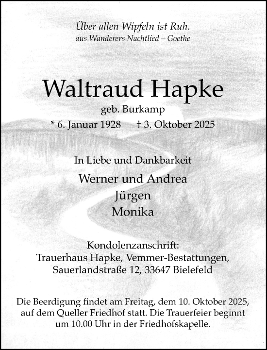 Traueranzeige von Waltraud Hapke von Neue Westfälische und Westfalen-Blatt