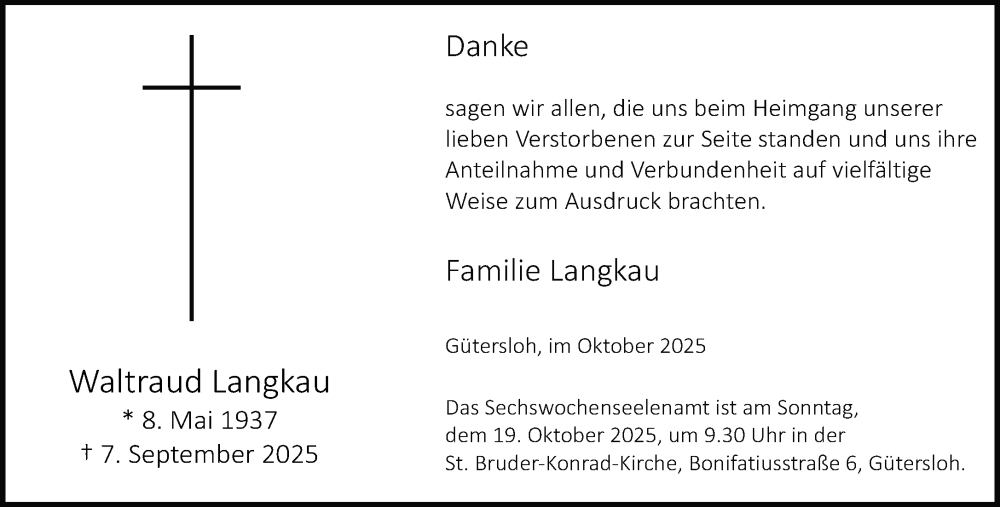  Traueranzeige für Waltraud Langkau vom 11.10.2025 aus Neue Westfälische und Westfalen-Blatt