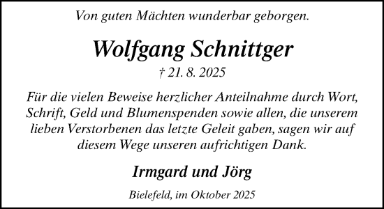 Traueranzeige von Wolfgang Schnittger von Neue Westfälische und Westfalen-Blatt