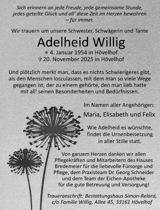 Traueranzeige von Adelheid Willig von Neue Westfälische und Westfalen-Blatt