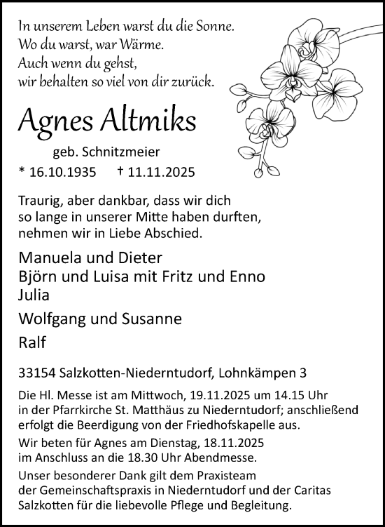 Traueranzeige von Agnes Altmiks von Neue Westfälische und Westfalen-Blatt