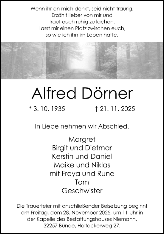 Traueranzeige von Alfred Dörner von Neue Westfälische und Westfalen-Blatt
