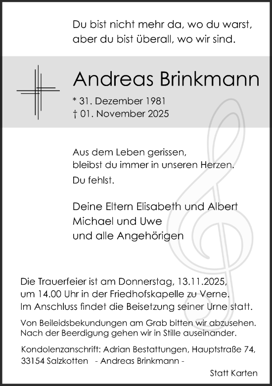 Traueranzeige von Andreas Brinkmann von Neue Westfälische und Westfalen-Blatt