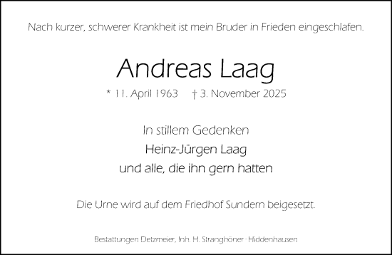 Traueranzeige von Andreas Laag von Neue Westfälische und Westfalen-Blatt