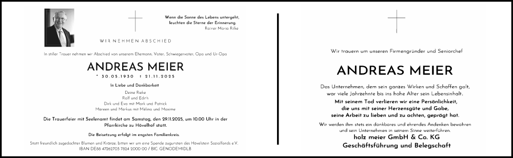 Traueranzeige für Andreas Meier vom 26.11.2025 aus Neue Westfälische und Westfalen-Blatt