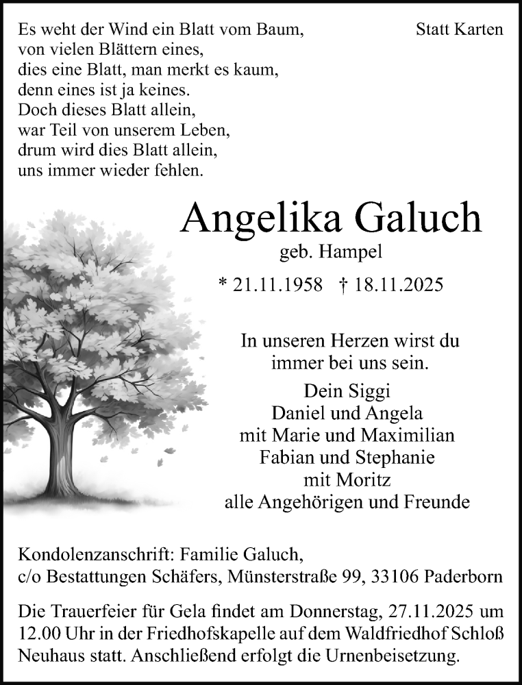  Traueranzeige für Angelika Galuch vom 22.11.2025 aus Neue Westfälische und Westfalen-Blatt